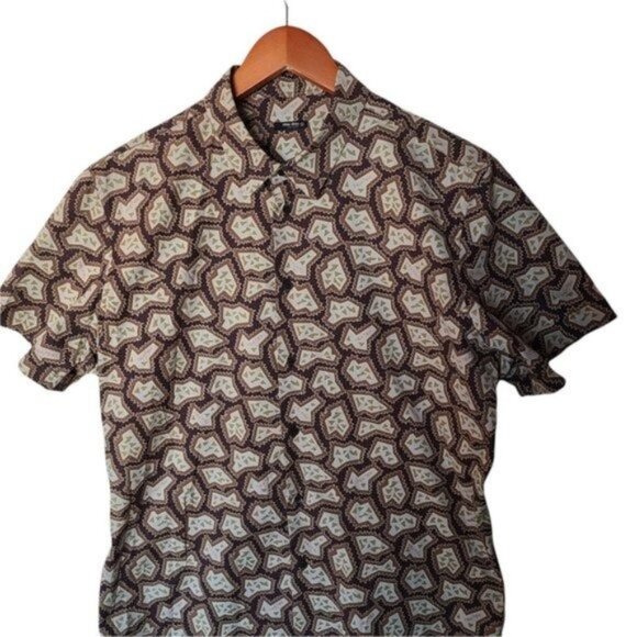 Miu Miu Mens Casual Button Down Shirt Graphic Print Logo All Over Green Brown - Picture 3 of 16